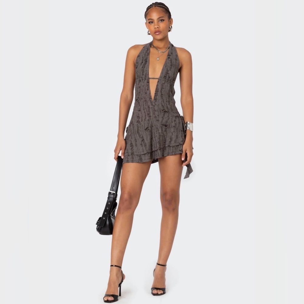 Edikted Backless Halter Mini Dress in Charcoal Gray